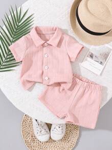 SHEIN Vintaside Kids 纹理衬衫和短裤街头时尚幼儿男婴服装