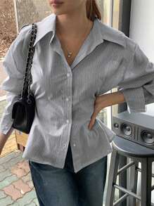 DAZY Damen gestreiftes Hemd mit Kragen und taillierter Passform, Business Lässig, Schwarz, Frühling/Sommer, Herbst Langarm-Oberteil - Schwarz - Übersicht 1