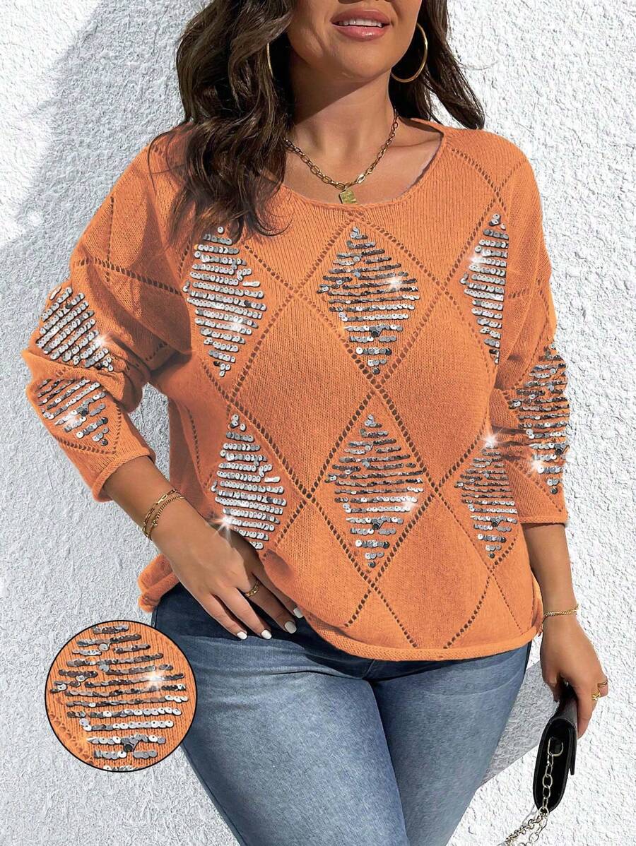SHEIN Unity Plus Size Women's Crew Neck Dropped Shoulder Hollow-Out & Contrast Sequin Decor Casual Pullover Knit Sweater, Spring/Autumn Knit Pullover Fall Winter Sweater - Orange - View 1
