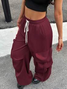 Flirla Plus Size Cargo Style Elastic Waist Baggy Pants, Plus Size