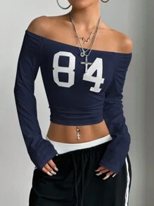 StreetHx 女式露肩大字母印花修身长袖 T 恤，秋季 - 藏蓝色 - 查看 4