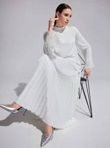 Modelyn Women's Elegant Solid Pleated Flared Sleeve Dress - White - View 1