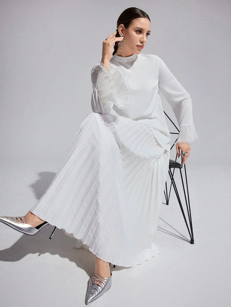 Modelyn Women's Elegant Solid Pleated Flared Sleeve Dress - White - View 1