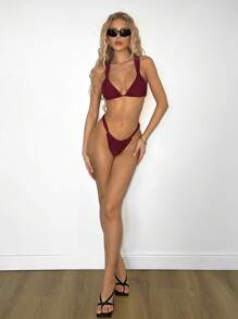 SHEIN ICON Women's Spring Summer Solid Color Burgundy Red Spaghetti Strap Swimwear Top, Vacation Beach - Burgundy - View 7