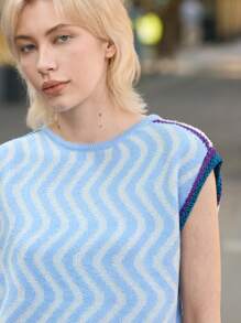 Skyraze Chaleco de punto suelto de cuello redondo y sin mangas con contraste de color ondulado para mujer