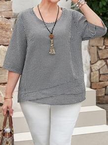 EMERY ROSE Plus Size Vacation Spring Summer Check Asymmetrical Side Flare Casual Daily Casual Shirts - Multicolor - View 7