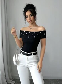 Elenzga 女士优雅露肩无袖串珠紧身衬衫，春夏 - 黑色 - 查看 3