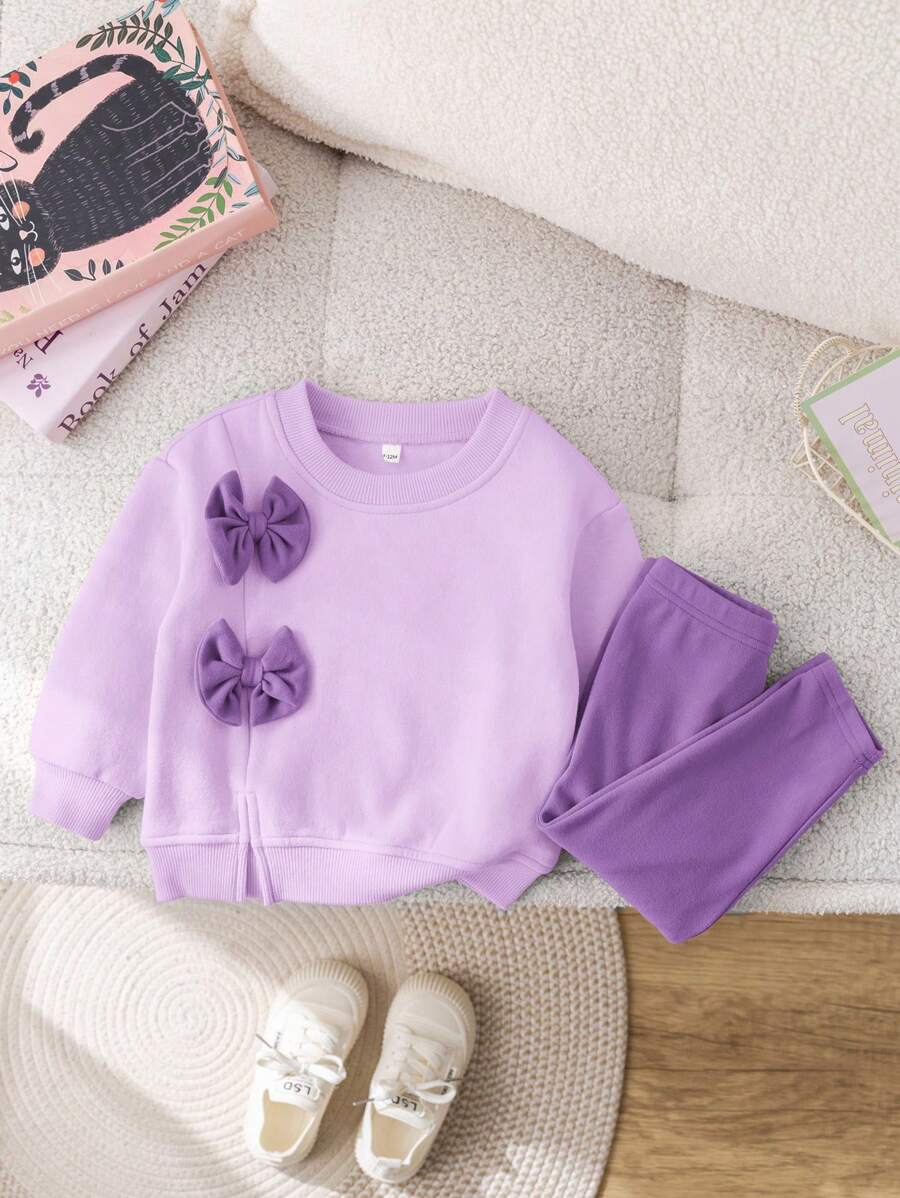 SHEIN 2pcs Baby Girl Cute Pink Bow Sweatshirt And Elastic Waist Pants Set, Autumn/Winter - Multicolor - View 1