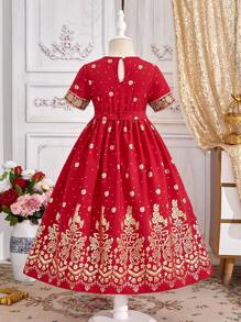 SHEIN 新款年轻女孩斋月斋月图腾印花金属束腰外衣 Abaya Kaftan Jalabiya 配金色饰边腰带，优雅连衣裙适合宴会、正式活动 - 酒紅色 - 查看 2