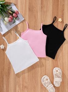 SHEIN 3pcs/Set Young Girl All-Match Versatile Fashion Spaghetti Strap Camisole, White, Pink, Black, Comfortable Casual Undershirt