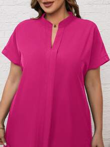 EMERY ROSE Plus Size Summer Notched Neckline Black Short Sleeveblack Dress With Cut-Out Detail - Hot Pink - View 3
