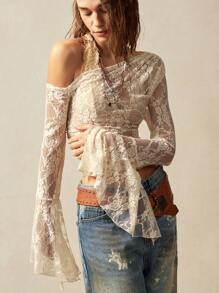 Bohemela 休闲纯色针织斜领喇叭袖修身短款女式上衣 - 白色 - 查看 2