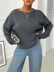 EURMUSE 休闲圆领麻花针织舒适口袋细节毛衣 - 灰色 - 查看 5