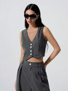 LYSMO 女式无袖条纹简约衬衫和长裤套装 - 灰色 - 查看 5