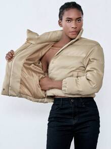 Chiquease Abrigo acolchado de mujer Luminelle con cuello alto y manga larga, ropa de invierno - Caqui - Ver 6