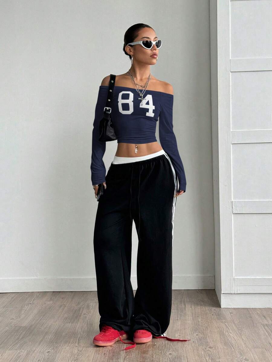 StreetHx 女式露肩大字母印花修身长袖 T 恤，秋季 - 藏蓝色 - 查看 1