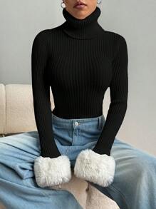 SHEIN Unity Tight Casual High Collar Colorblock Fluffy Sleeve Hem Sweater Knit Pullover Fall Winter Sweater - Multicolor - View 3