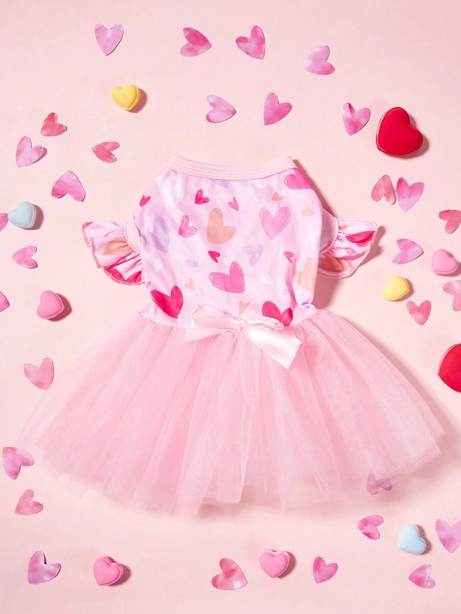 PETSIN 1pc Pink Heart Print Peplum Tulle Bow Decor Cute Princess Dog Dress, Fits Most Pets, Valentines Day' - Multicolor - View 1