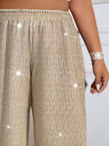 Allurite Quần ống rộng đính sequin và đá Rhinestone cỡ lớn, mặc hàng ngày - Màu be - Xem 6