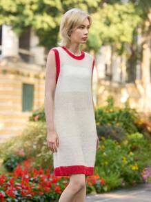 Skyraze Women's Contrast Trim Sleeveless Knit Dress, Ivory, Spring,Valentine's Day,Valentines Sweater - White - View 3