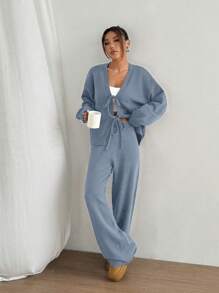 SHEIN Unity 2pcs Casual Lace-Up Cardigan Sweater & Sweatpants Set - Blue - View 3