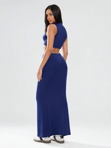 SHEIN Unity 1 件女式海军蓝简约褶皱 A 字裙，百搭夏季服装 - 藏蓝色 - 查看 2