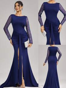 SHEIN Belle 女士优雅纯色长袖礼服，简约别致休闲日常礼服，情人节鸡尾酒礼服，晚会正式派对礼服，秋冬季撞色网眼长袖伴娘礼服，婚礼宾客礼服