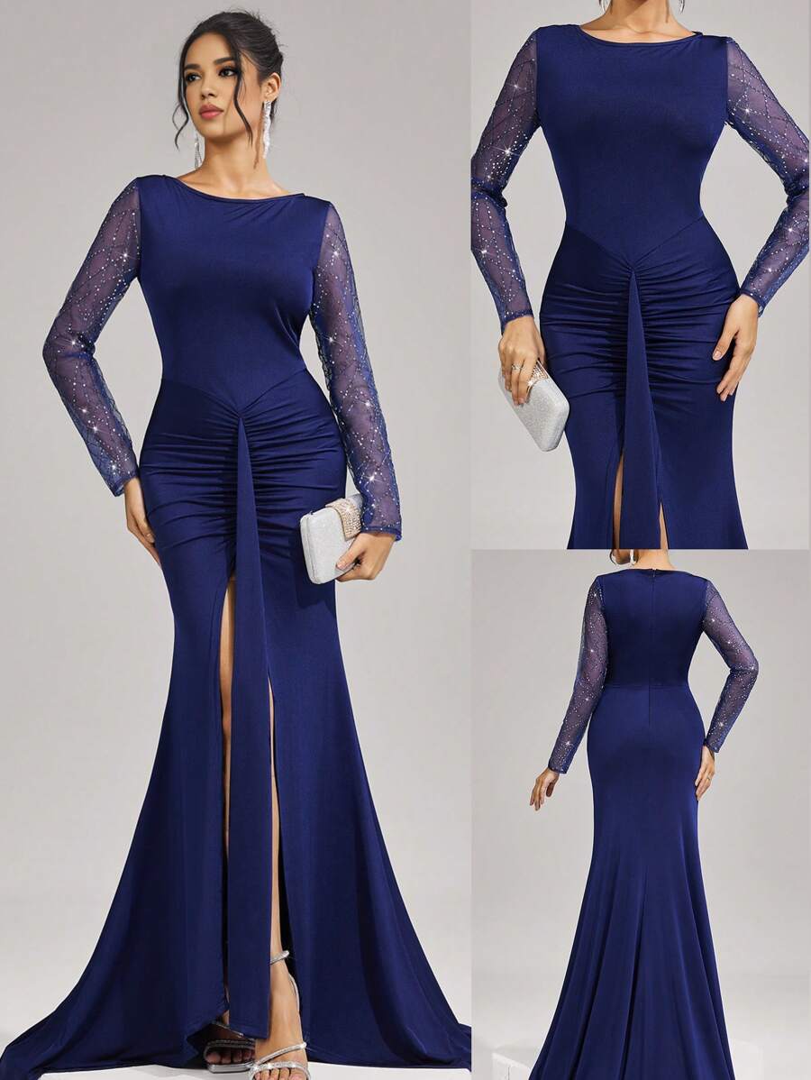 SHEIN Belle 女士优雅纯色长袖礼服，简约别致休闲日常礼服，情人节鸡尾酒礼服，晚会正式派对礼服，秋冬季撞色网眼长袖伴娘礼服，婚礼宾客礼服