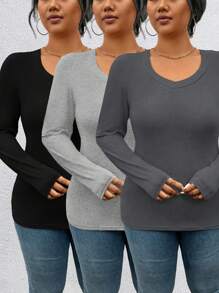 女士大码时尚休闲纯色长袖 T 恤套装