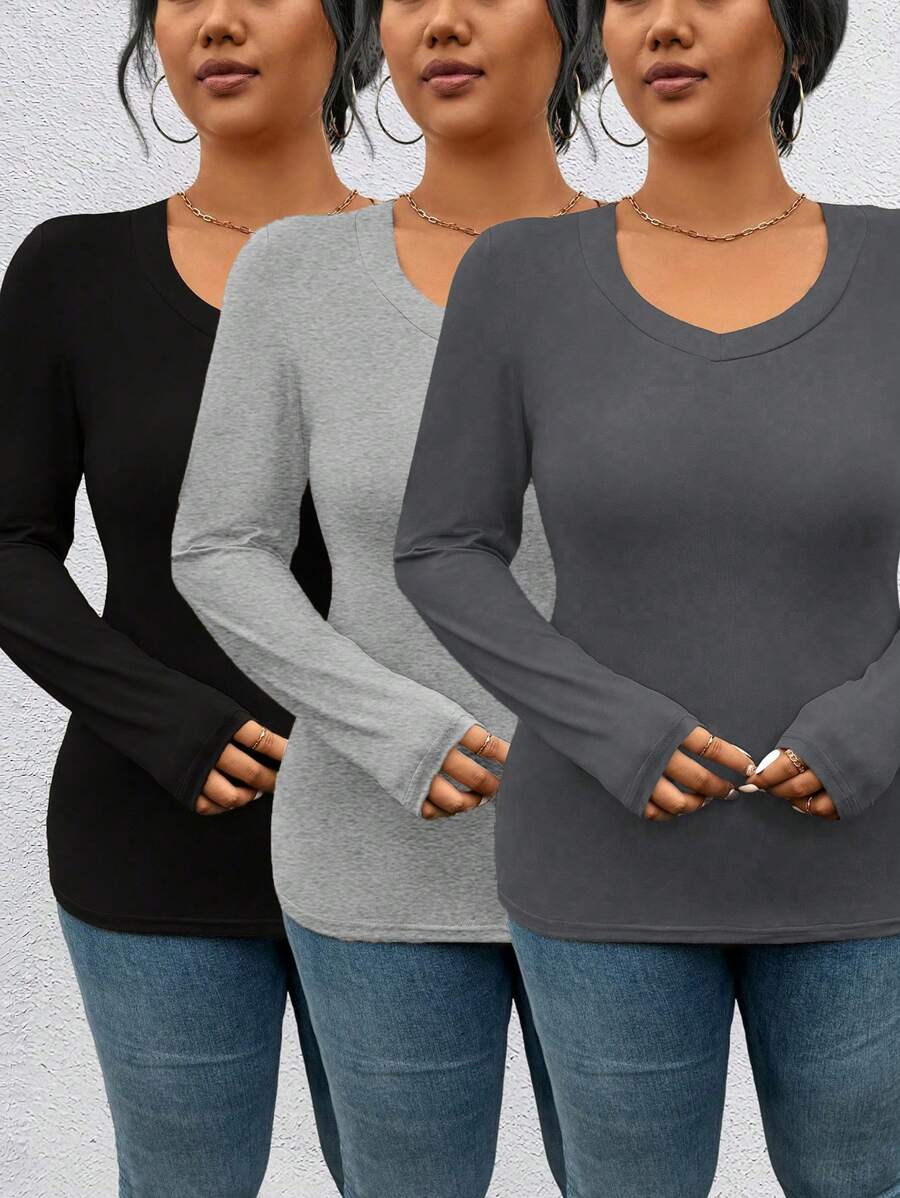 女士大码时尚休闲纯色长袖 T 恤套装