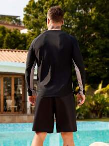 Manfinity Swimmode 2pcs Men's Contrast Color Splice Swimming Trunks Set,Hawaiian