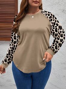 SHEIN LUNE 大码女式休闲豹纹插肩袖圆领宽松 T 恤，适合秋冬季 - 棕色 - 查看 1