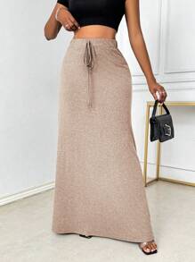 RosyDaze Váy suông buộc eo phía trước đơn giản cho nữ, mặc hàng ngày - Màu Khaki - Xem 3