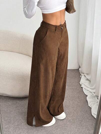 SHEIN Unity Casual Fashion Corduroy Split Wide-Leg Loose Maxi Pants For Women, Autumn/Winter Fall Cloth For Women