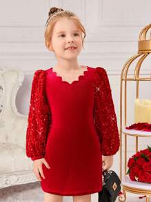 SHEIN Đầm nhung dự tiệc công chúa tay bồng cổ bèo nhún đính ngọc trai và sequin sang trọng thanh lịch cho bé gái và bé gái, thích hợp cho dịp Giáng sinh - Đỏ - Xem 1