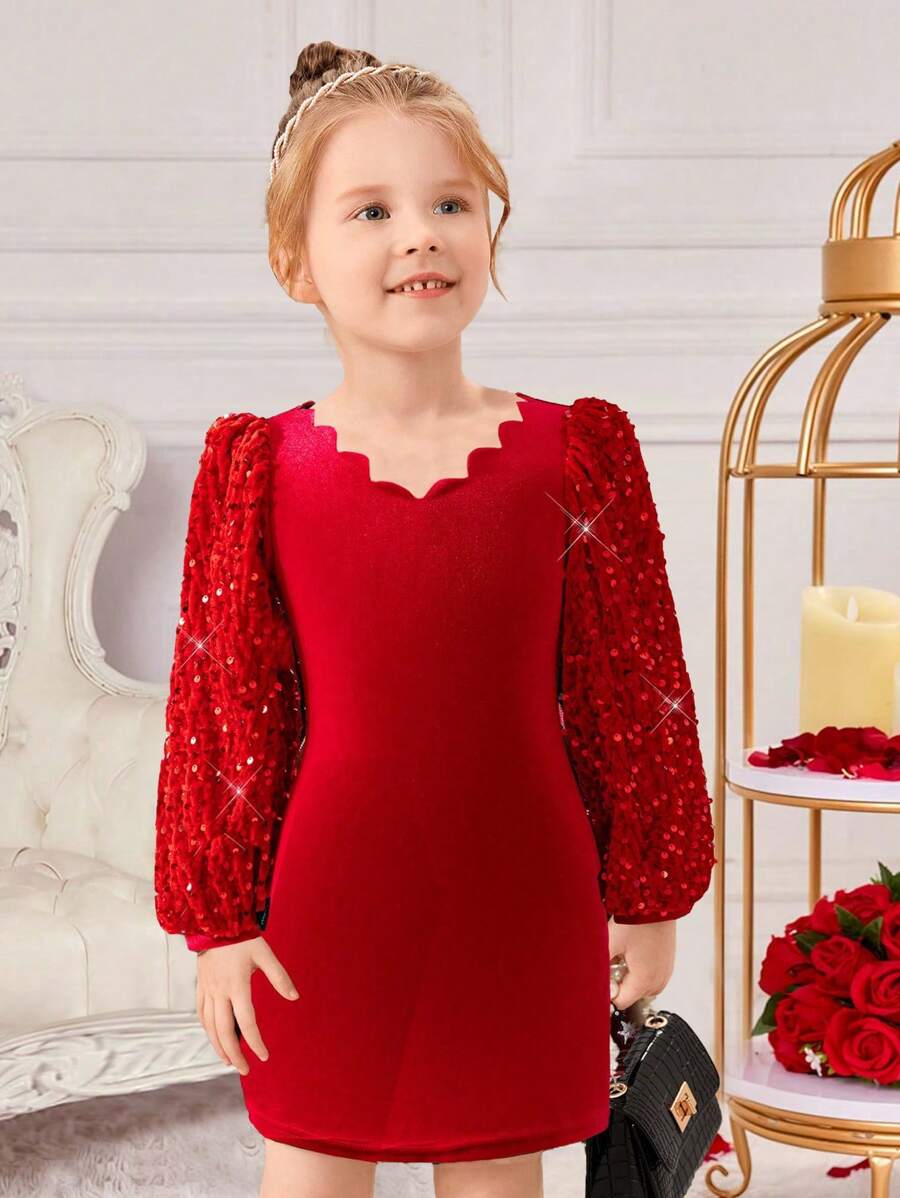 SHEIN Đầm nhung dự tiệc công chúa tay bồng cổ bèo nhún đính ngọc trai và sequin sang trọng thanh lịch cho bé gái và bé gái, thích hợp cho dịp Giáng sinh - Đỏ - Xem 1