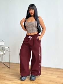 CovetEZ Plus Size Pink Bow Decor Drawstring Waist Cargo Pants For Summer - Burgundy - View 4