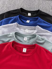 SHEIN Leap Crew 10 件/套青少年男孩休闲度假字母丝带圆领短袖 T 恤和短裤针织 2 件套服装，5 种款式各 1 种，适合学校、花园、海滩、生日派对、春夏秋冬 - 彩色 - 查看 6