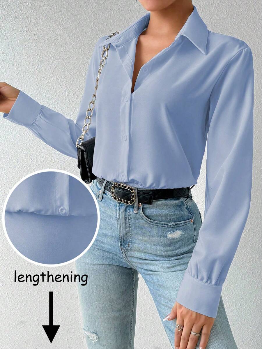 RosyDaze 女性純色翻領前釦長袖連體衣 - 淺藍色 - 查看 1