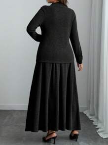 Flirla Plus Size Minimalist Commuter Solid Stand Collar Asymmetric Top And Voluminous Skirt 2 Pieces Set, Autumn/Winter - Black - View 2