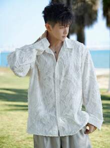 DAZY 春季抽象纹理面料白色男士衬衫，秋季 - 白色 - 查看 6