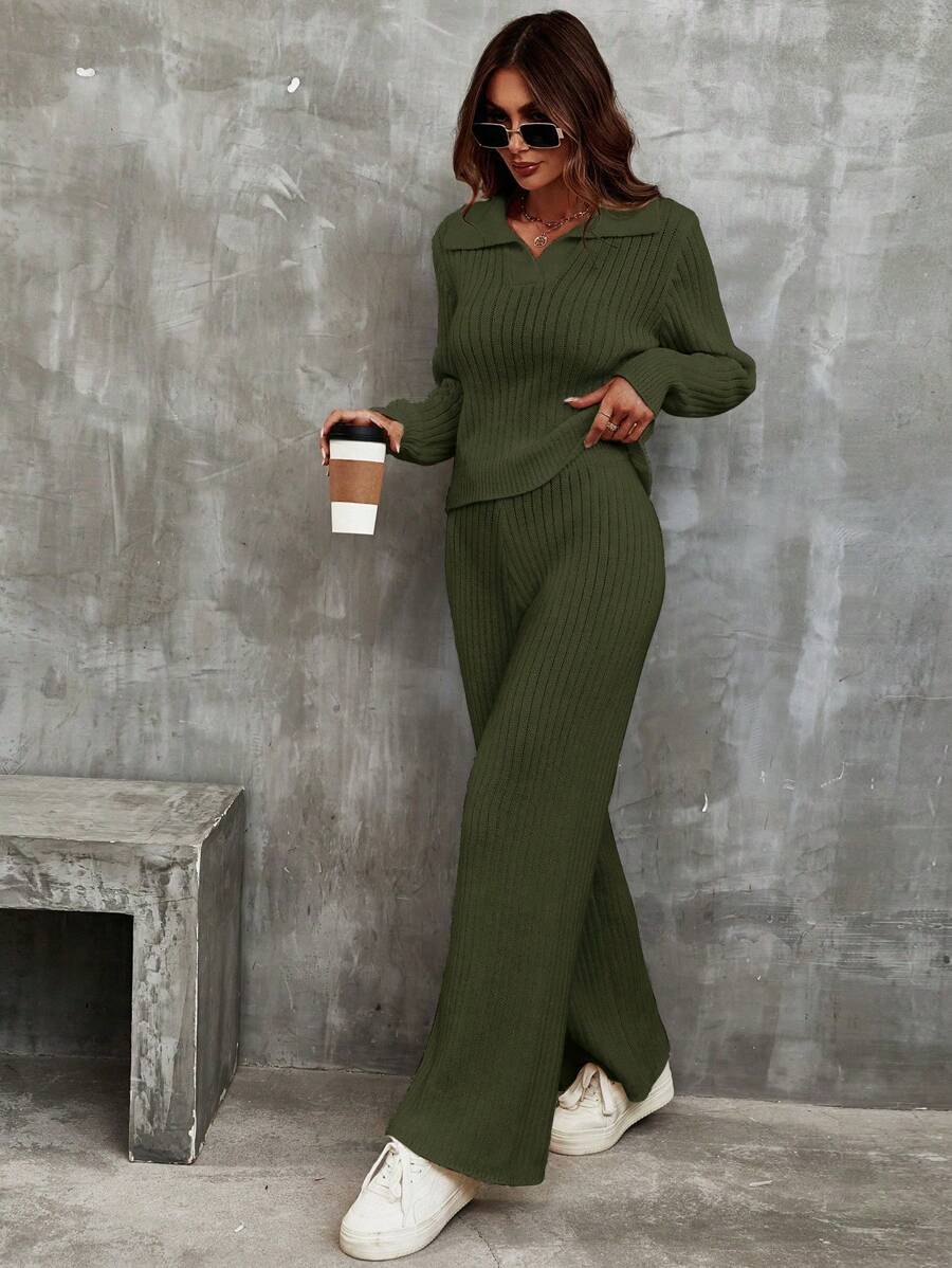 EMERY ROSE Solid Ribbed Knit Sweater & Knit Pants Fall Winter Cloth For Women - Army Green - View 1