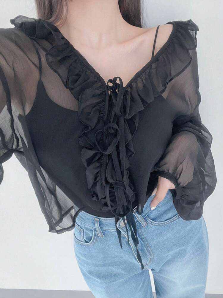 Women's Mesh Sheer Frill Trim Tie Front Lantern Sleeve Long Sleeve Blouse, Black, Spring/Summer,Fall Women Clothes