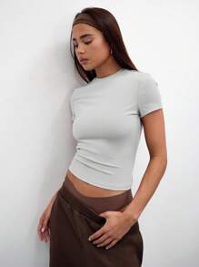 MUSERA Camiseta casual de manga corta con cintura ceñida para vacaciones, aeropuerto, regreso a la escuela, invierno, y verano elegante - Gris - Ver 2