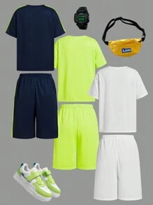 6pcs/Set Tween Boys Casual Sports Print Patchwork Crew Neck Pullover Short Sleeve T-Shirt And Shorts 2 Pieces Set, Suitable For School, Garden, Beach, Birthday, Spring/Summer/Autumn/Winter