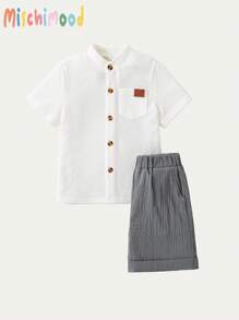 2pcs Young Boy Sets: White Solid Color Elegant Short Sleeve Top And Grey Shorts - White - View 1