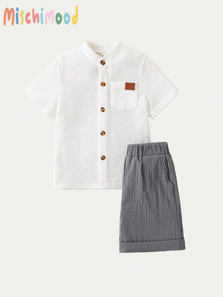 2pcs Young Boy Sets: White Solid Color Elegant Short Sleeve Top And Grey Shorts - White - View 1
