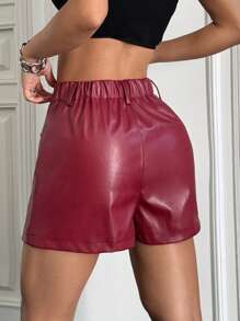 SHEIN EZwear 女士纯色前扣口袋简约休闲 PU 铅笔裙 - 酒紅色 - 查看 2