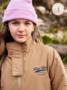 SHEIN Ropa informal de estilo casual para niñas en otoño - Chaqueta de forro polar cómoda para chicas adolescentes, apropiada para uso diario, actividades al aire libre y fotografía en la calle de la ciudad - Marrón Mocha - Ver 4