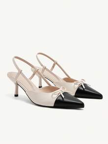 CUCCOO CHICEST Pointed Toe Kitten Heel Elegant Commuter Bow Accent Bicolor Women's High Heel Pumps, Casual Chic Outfit, Spring - Apricot - View 2